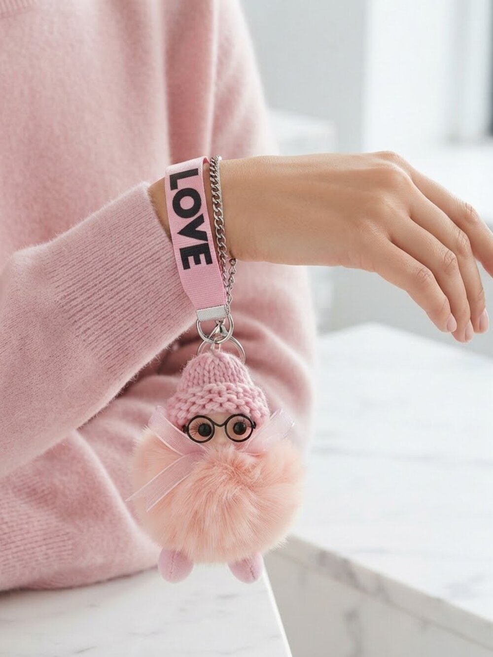 Pink Faux Fur Doll Keychain Charm with Glasses and LOVE Strap Accessory‎